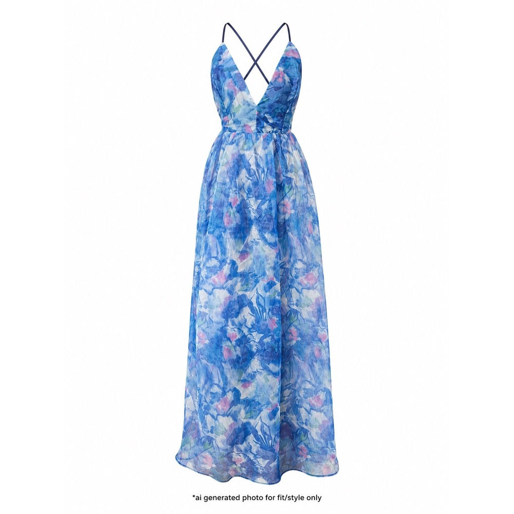 Lulus Floral V-Neck Crossback Maxi Dress Womens Size Small Blue Pink Watercolor